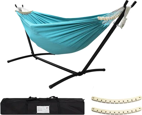 Vista 8 de SZHLUX Hamaca doble con soporte incluido, capacidad de 450 lb, soporte de acero, bolsa de transporte premium incluida. Cama de algodón