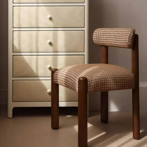 Vista 8 de Silla de cocina tapizada de lino, sillas de comedor retro con patas de madera, silla de asientos acolchados para comedor, dormitorio, sala de estar