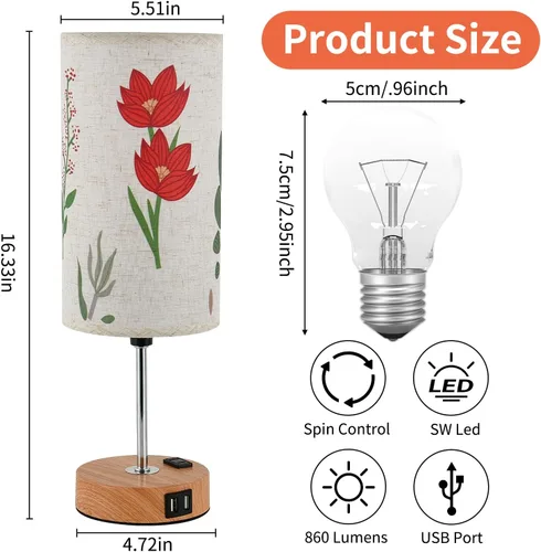 Vista 4 de Lámpara de mesa táctil de flores, lámparas de noche regulables de 3 vías con puerto USB y tomacorriente, bonita lámpara con base de grano de madera