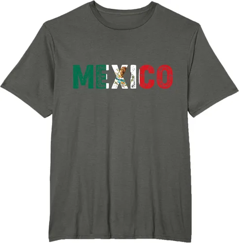 Vista 4 de Camiseta con texto en inglés «Mexico Vintage Letras» como bandera mexicana, Negro