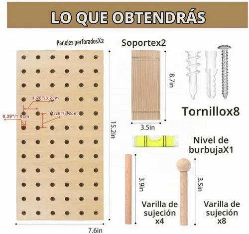 Vista 4 de Tablero de Clavijas de Madera Beige Expositor Modular Tablero de Clavijas de Madera Combinación Organizador de Pared Almacenamiento Ganchos de Pared