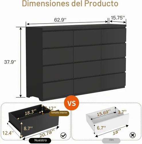 Vista 2 de Cómoda negra de 12 cajones para dormitorio, cómoda moderna con cajones profundos de 63 pulgadas, cómoda de almacenamiento ancha y larga, muebles