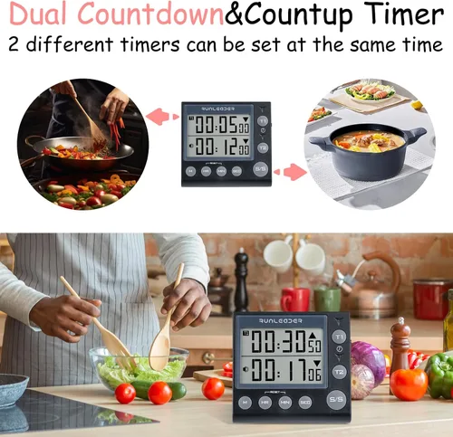 Vista 2 de Temporizador de cuenta regresiva de 2 canales con reloj de 12 horas/24 horas, temporizador magnético de cocina, temporizador digital