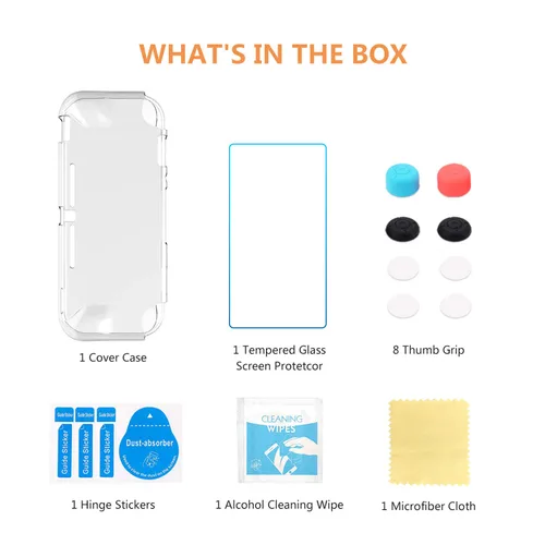 Vista 7 de Switch Accessories Kit 13in 1 for Nintendo Switch Lite with Hard Cover Case, Screen Protector Tempered Glass, Switch Joystick Caps Cleaning Wipe