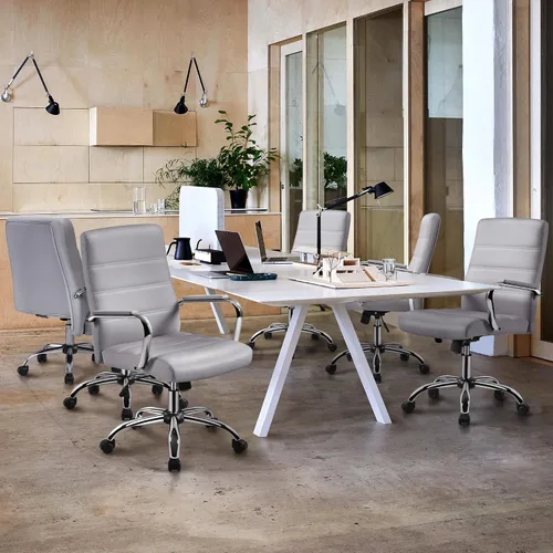 Vista 2 de Yaheetech Silla de oficina Exectuive de 2 piezas, altura ajustable, giratoria, de piel sintética, silla de escritorio para el hogar con brazos, claro