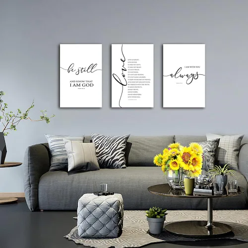 Vista 2 de Lienzo impreso con versículos bíblicos, galería de arte para pared, juego de 3 impresiones, Be Still, Love is Patient, I am with you Always, arte