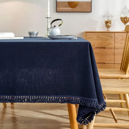 Vista 9 de AmHoo - Mantel de lino con borlas y bordado rectangular decorativo para mesa natural para cocina, comedor, buffet de boda, 55 x 55 pulgadas, negro