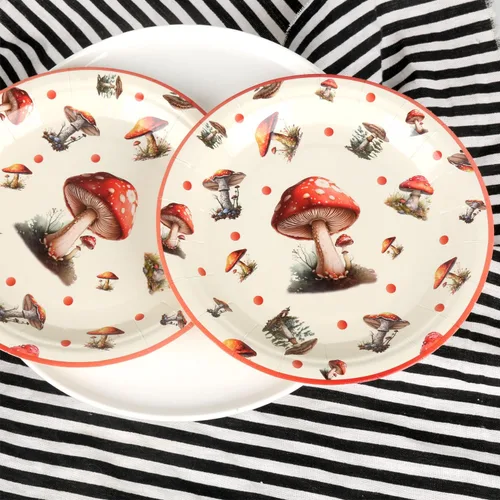 Vista 5 de 50 platos de papel desechables, 7 pulgadas, platos de postre de hongos rojos para primavera y verano, bosque, salvaje, vibrante, setas, decoraciones