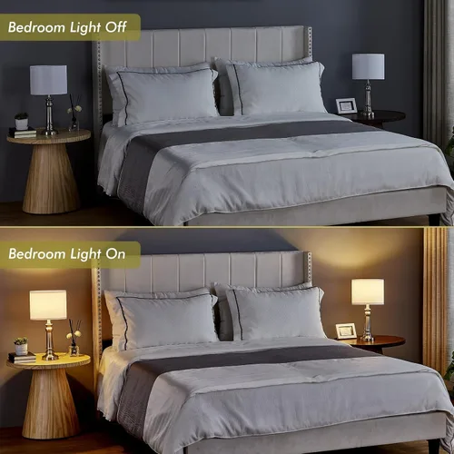 Vista 4 de Lámparas de mesa para sala de estar, juego de 2 lámparas modernas para dormitorio con base de metal de níquel, pantallas redondas blancas