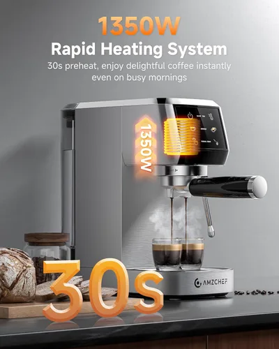 Vista 5 de AMZCHEF Cafetera de café espresso de 51 mm 20 bares – Cafetera profesional con espumador de leche, cafetera de espresso compacta de acero inoxidable
