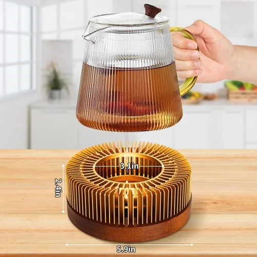 Vista 7 de Calderín de tetera, calentador de té de aluminio con base de madera, calentador de vela para calentar té, café, leche, alimentos, camping y viajes