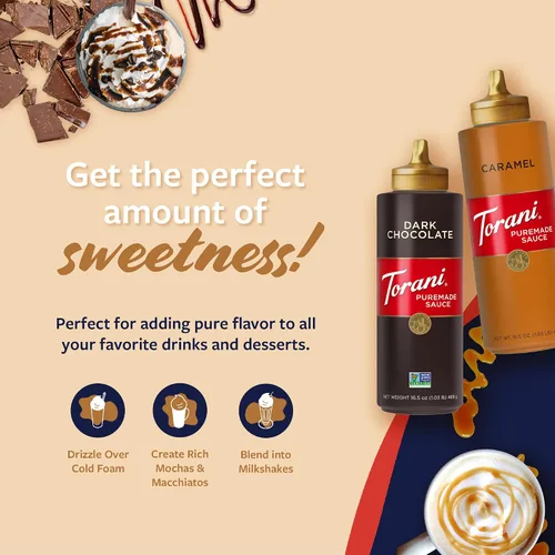 Vista 3 de Torani Puremade Salsa de caramelo y chocolate amargo variado, paquete de 2 para postres y bebidas de café, 16.5 onzas Ea