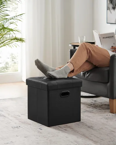 Vista 9 de Otomana plegable por Songmics, cubo de almacenamiento de 15 pulgadas con agujero y asa, piel sintética, Madera, Negro