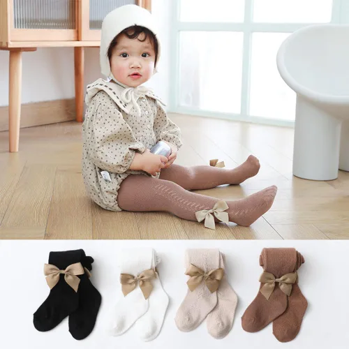 Vista 2 de Medias de punto trenzado para bebé niña con lazo sin costuras, mallas de algodón para bebés