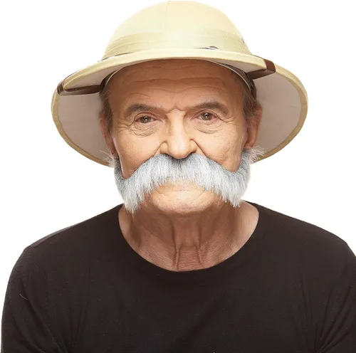 Vista 2 de Mustaches Self-Adhesive Fake Mustache, Synthetic Fur Costume Accessory Set Arqueólogo gris con blanco