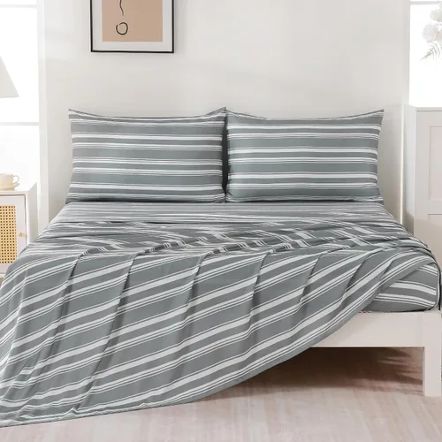 Vista 30 de MCO Juego de sábanas a rayas de 4 piezas, juego de sábanas Full transpirable con bolsillo profundo de 16", moderno y lujoso, juego de ropa de cama