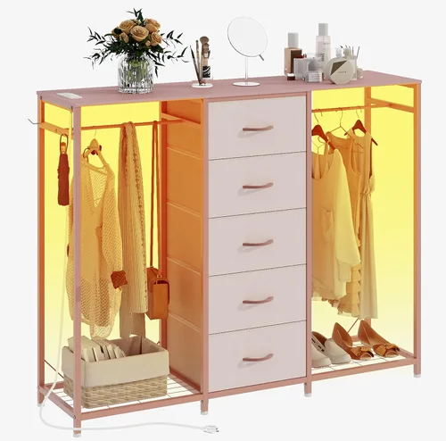 Vista 11 de Espelism Cómoda para dormitorio con perchero, cómoda de 5 cajones con estación de carga, luces LED, cómoda blanca, estante flexible y espacio