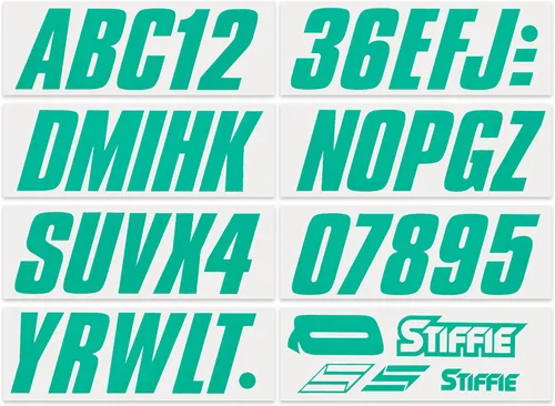 Vista 3 de Stiffie Shift Sea Teal - Kit de identificación alfanuméricos, calcomanías de números de registro para barcos y embarcaciones personales, color verde