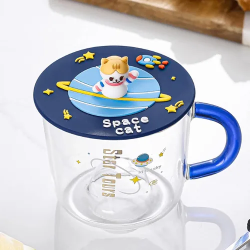 Vista 3 de Bonita taza de café de cristal con tapa de silicona Kawaii Cat para café, té, leche, decoración estética de habitación, regalo divertido