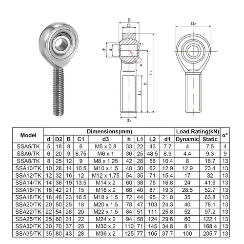 Vista 5 de uxcell SSA6T/K Rod End Bearing 6mm Bore Stainless Steel M6x1 Male Thread Right Hand