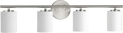 Vista 3 de Progress Lighting Lámpara moderna de tocador de baño de cristal blanco grabado con 4 luces, colección Replay, níquel cepillado (P2160-09)