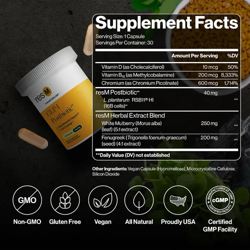 Vista 3 de resM GLP-1 Postbiotic - Suplemento activo GLP 1 para mujeres y hombres, activador y apoyador de GLP1, vitaminas veganas para la salud intestinal