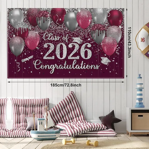 Vista 4 de Buryeah Decoración de graduación granate y plateada 2026, pancarta de fondo de felicitaciones graduadas con 60 globos de látex para la clase