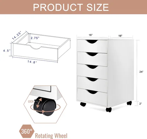 Vista 3 de EDGEWOOD Archivador vertical de 5 cajones, organizador de madera para debajo del escritorio, 16 pulgadas de profundidad x 16 pulgadas de ancho x 26