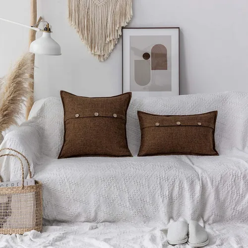 Vista 6 de Home Brilliant Juego de 2 fundas de almohada decorativas con botones, fundas de cojín de lino sintético texturizadas para cama, sofá, banco, 18 x 18