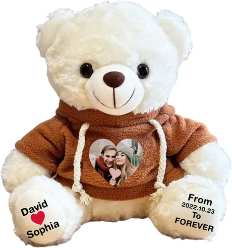 Vista 17 de Oso de peluche personalizado con fecha de texto de imagen, juguetes de peluche personalizados de 11 pulgadas, regalo para novia, novio, cumpleaños