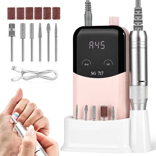 Vista 10 de JEWHITENY Taladro de uñas profesional recargable 35000 RPM, SG707 lima de uñas eléctrica con 6 brocas para uñas acrílicas, eliminación de pulido