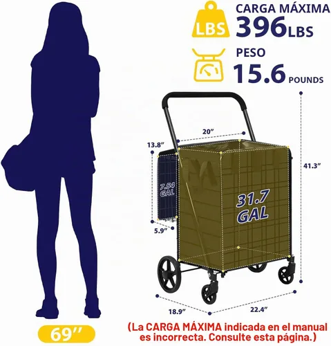 Vista 2 de Siffler Carrito de compras con capacidad de 396lbs, carrito de compras grande actualizado con ruedas, carritos de compras plegables resistentes