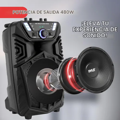 Vista 2 de Pyle Altavoz PA Bluetooth portátil de 480 W, altavoz de karaoke recargable de 8 pulgadas, sistema de audio con micrófono inalámbrico y ruedas, TWS