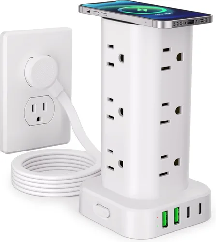 Vista 10 de Regleta de alimentación con cargador inalámbrico, protector de sobretensiones de enchufe plano con cable de extensión de 6 pies, 12 tomas