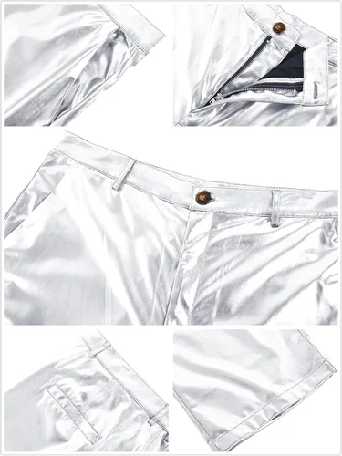 Vista 7 de Pantalones de discoteca metálicos brillantes para hombre, pantalones de fiesta de los años 70, pantalones de discoteca de pierna recta, disfraz