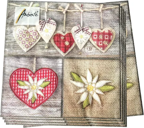 Vista 3 de 20 servilletas de corazón Edelweiss de 13 x 13 pulgadas, servilletas decorativas desechables, papel gris, marrón, rojo, blanco, verde, 3 capas