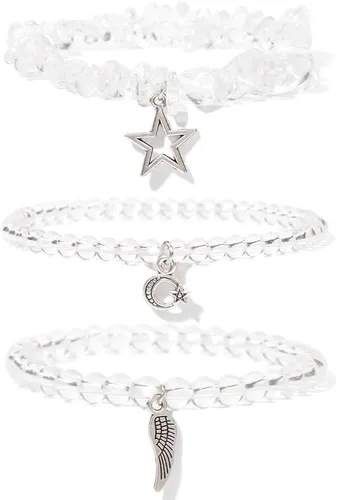 Vista 13 de Juego de 3 pulseras de cuentas de piedra natural para mujeres y hombres, estrellas y luna, alas de ángel, juego de pulseras curativas de reiki