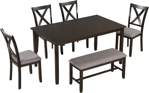 Vista 8 de Juego de mesa de comedor de 6 piezas, mesa de cocina rectangular de madera y 4 sillas de comedor con cojines y 1 banco con cojín, juego de mesa