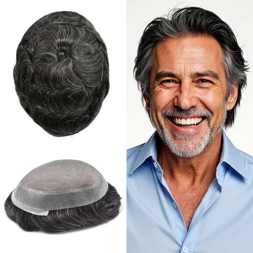 Vista 106 de Toupee para hombres Piezas de pelo fino mono para hombre Toupee sistema de reemplazo de pelo para hombres línea capilar natural para hombre postizo