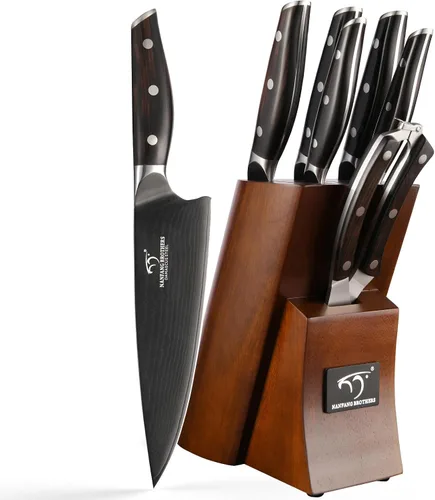 Vista 7 de NANFANG BROTHERS - Juego de cuchillos de damasco de 7 piezas con bloque, mango de madera de ébano Damasco negro titanio chapado