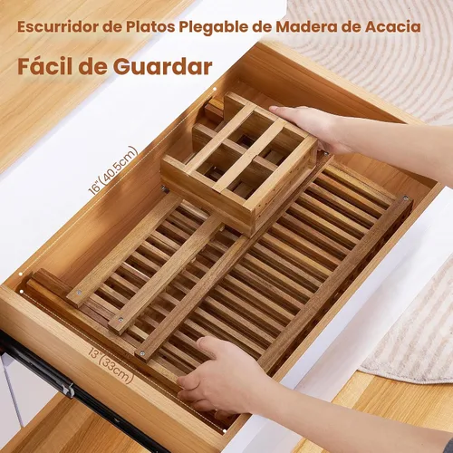 Vista 7 de NOVAYEAH Escurridor de platos de madera de acacia para encimera de cocina, 2 niveles, plegable, escurridor de platos de bambú con soporte para 2