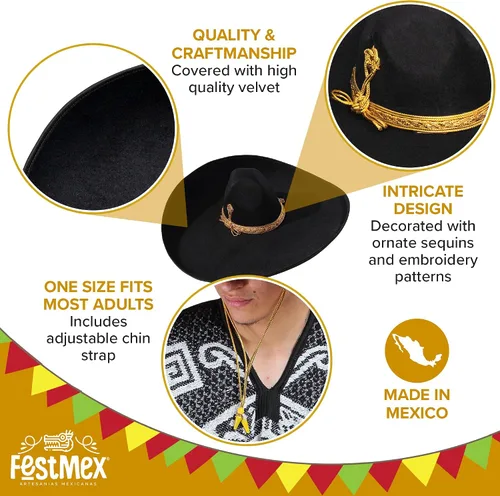 Vista 3 de Sombreros Mexicanos Charro Sombrero Mexicano y Sombrero de Mariachi, Sombrero Tradicional Mexicano para Adultos, Disfraz de Mariachi