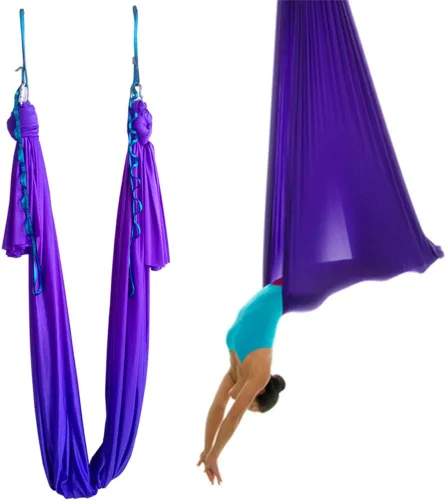 Vista 9 de Hamaca de yoga aérea de 5.5 yardas para yoga, columpio, pilates, seda, fitness, incluye mosquetón, cadena de margarita, guía de postura