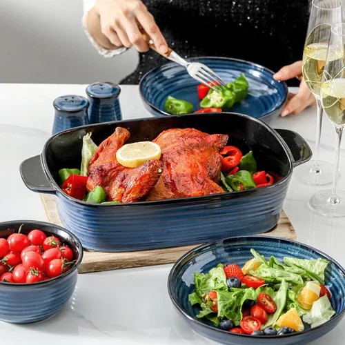 Vista 6 de Plato de cerámica para hornear, cacerola de 8.7 x 15.2 pulgadas con asas, bandeja rectangular profunda para lasaña para asar y hornear, utensilios