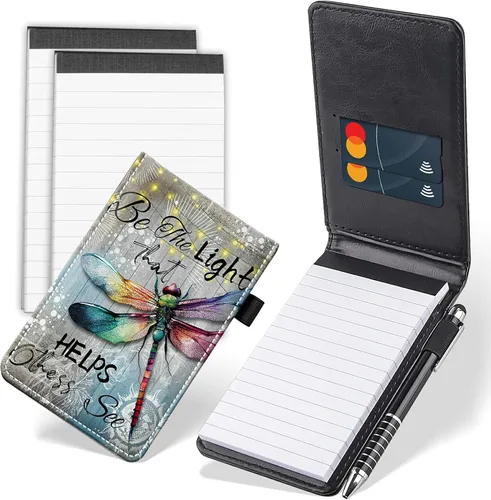 Vista 8 de Juego de 4 mini bloc de notas de bolsillo, diseño de corazón de dinosaurio, funda de piel sintética, soporte para notas con 2 ranuras para tarjetas