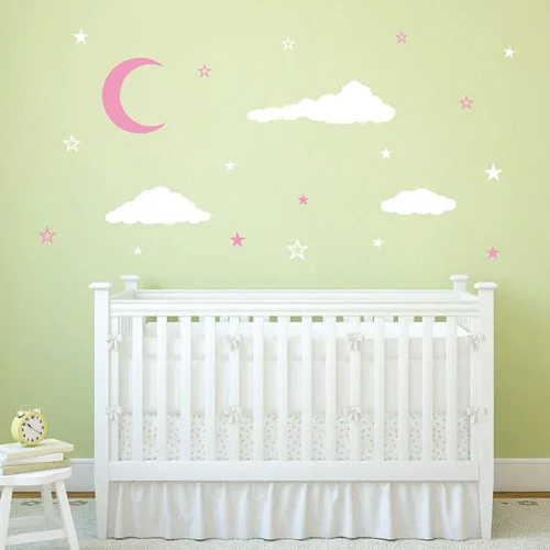 Vista 3 de Moon & Stars - Calcomanías de pared, decoración de guardería infantil, calcomanías de vinilo para habitación del bebé Y08 (blanco, rosa)