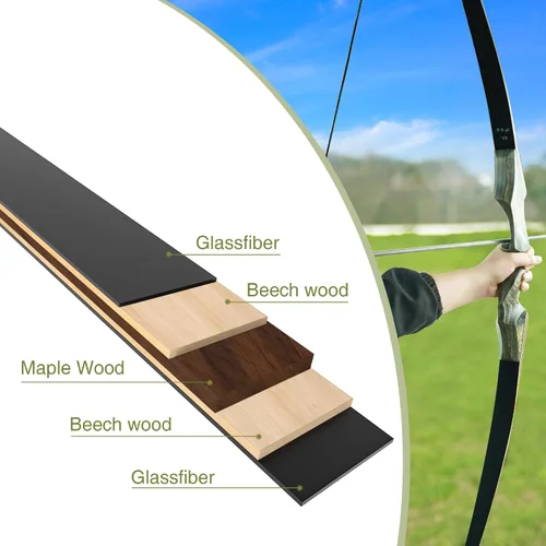 Vista 8 de Arco largo de caza desmontable Black Hunter, GLURAK 1,52 m/60" de madera para mano derecha y izquierda, arco de tiro con arco para principiantes