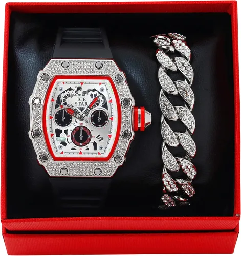 Vista 7 de ICE STAR Reloj con forma Tonneau para hombre y pulsera cubana con correa de silicona