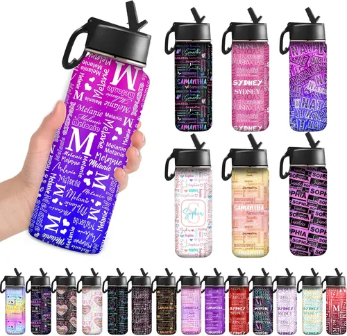 Vista 16 de InterestPrint Botella de agua personalizada para niños de 18 onzas con tapa de pajilla, botella de agua aislada de doble pared de acero inoxidable