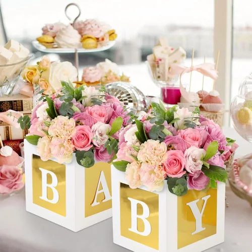 Vista 6 de 4 Piezas Cajas de Flores para Baby Shower Centros de Mesa Decoración Dorada Bloque de Bebé Soporte Floral Centro de Mesa Baby In Bloom Revelación